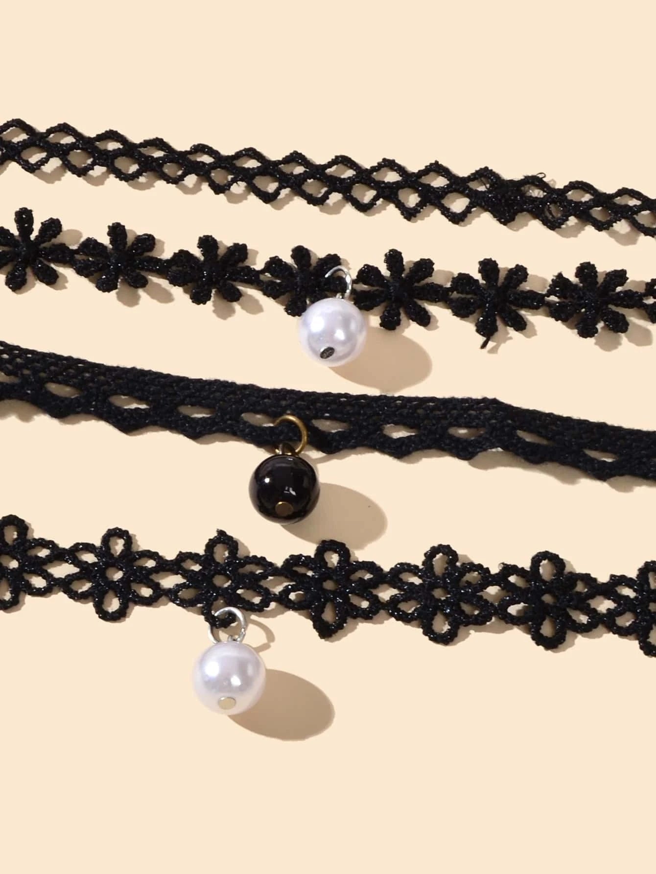 Black Elastic 4pcs Lace Flower Boho Gothic 90s Tattoo Choker Triangle Collar