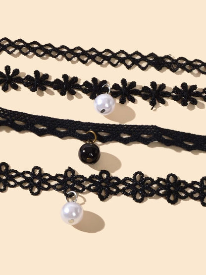Black Elastic 4pcs Lace Flower Boho Gothic 90s Tattoo Choker Triangle Collar
