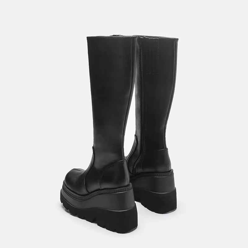 Fashion Wedge-Heeled Mid-Tube Boots Ladies Gothic Style Thick-Soled Motorcycle Knight Boots Slim High Platform Cowboy Boots