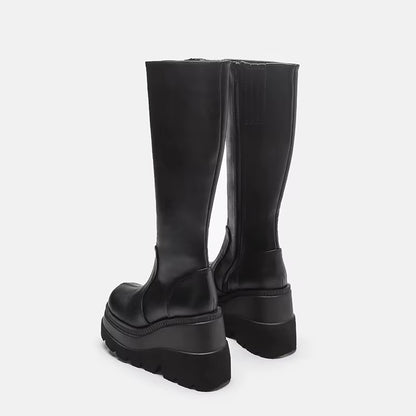 Fashion Wedge-Heeled Mid-Tube Boots Ladies Gothic Style Thick-Soled Motorcycle Knight Boots Slim High Platform Cowboy Boots