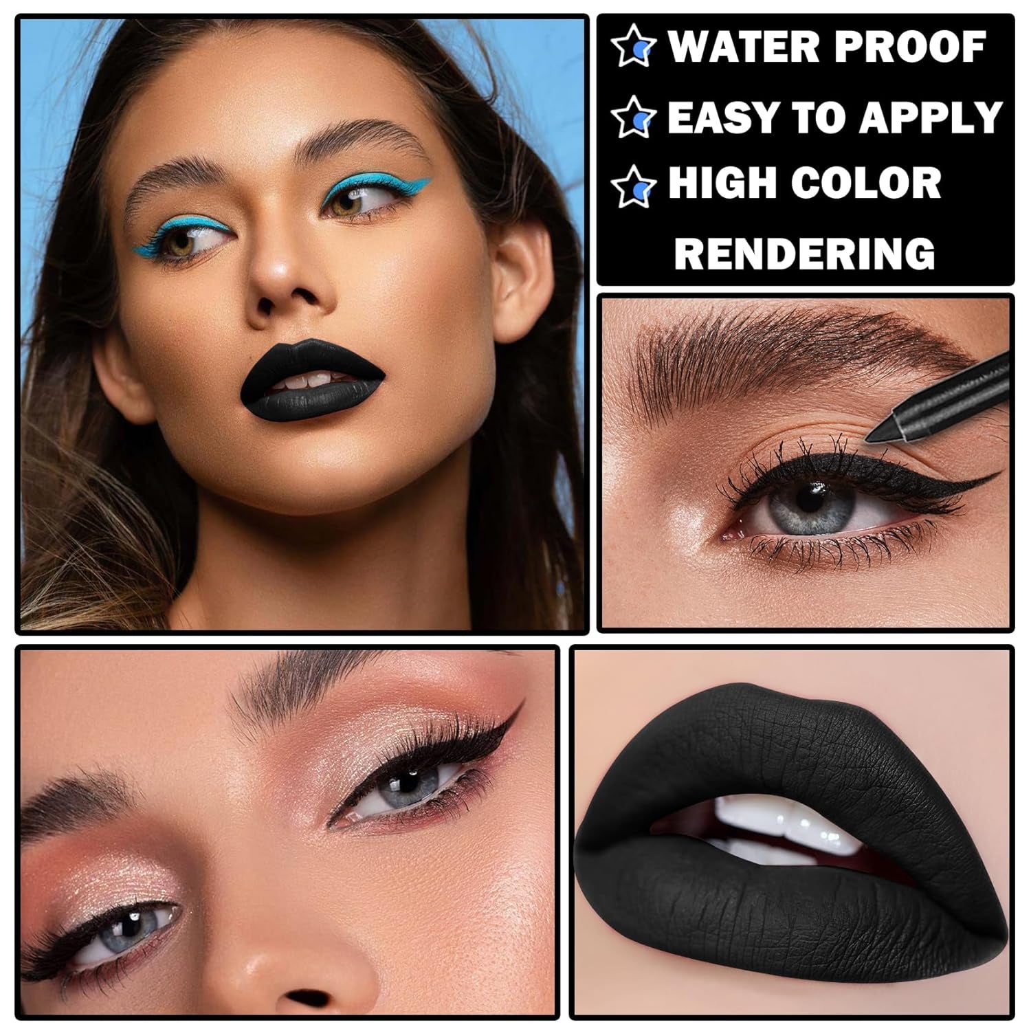 Lip Color Set with Matte Black Lipstick, Lip Liner, Lip Gloss, and Lip Stain for Goth, Cosplay, Halloween Makeup