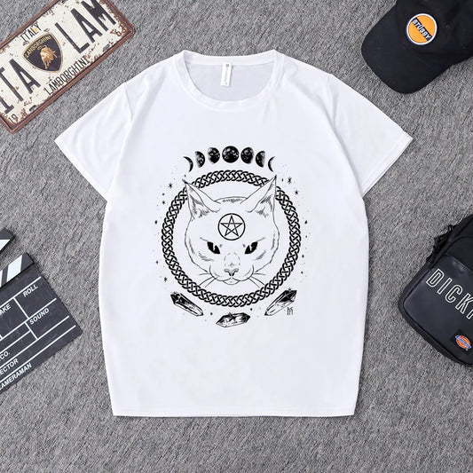 New Gothic Moon Phase Witchcraft Cat Graphic Shirt Black Gothic Space Cat Tee Shirt Hipster Shirts