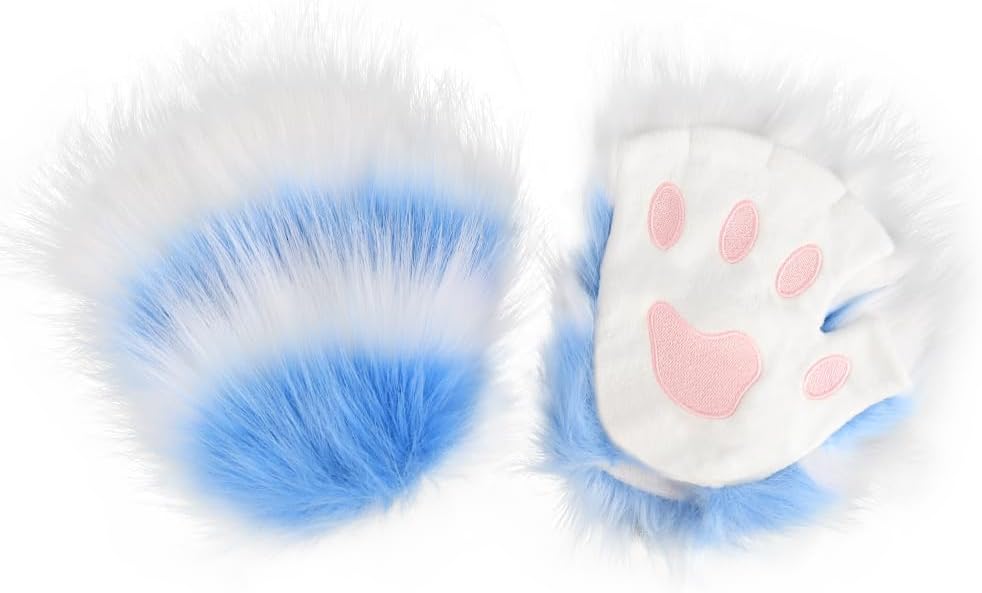 JUNBOON Faux Fur Cat Ears and Wolf Fox Tail Set Adult Kids Claw Glove Kit for Halloween Anime Cosplay Party