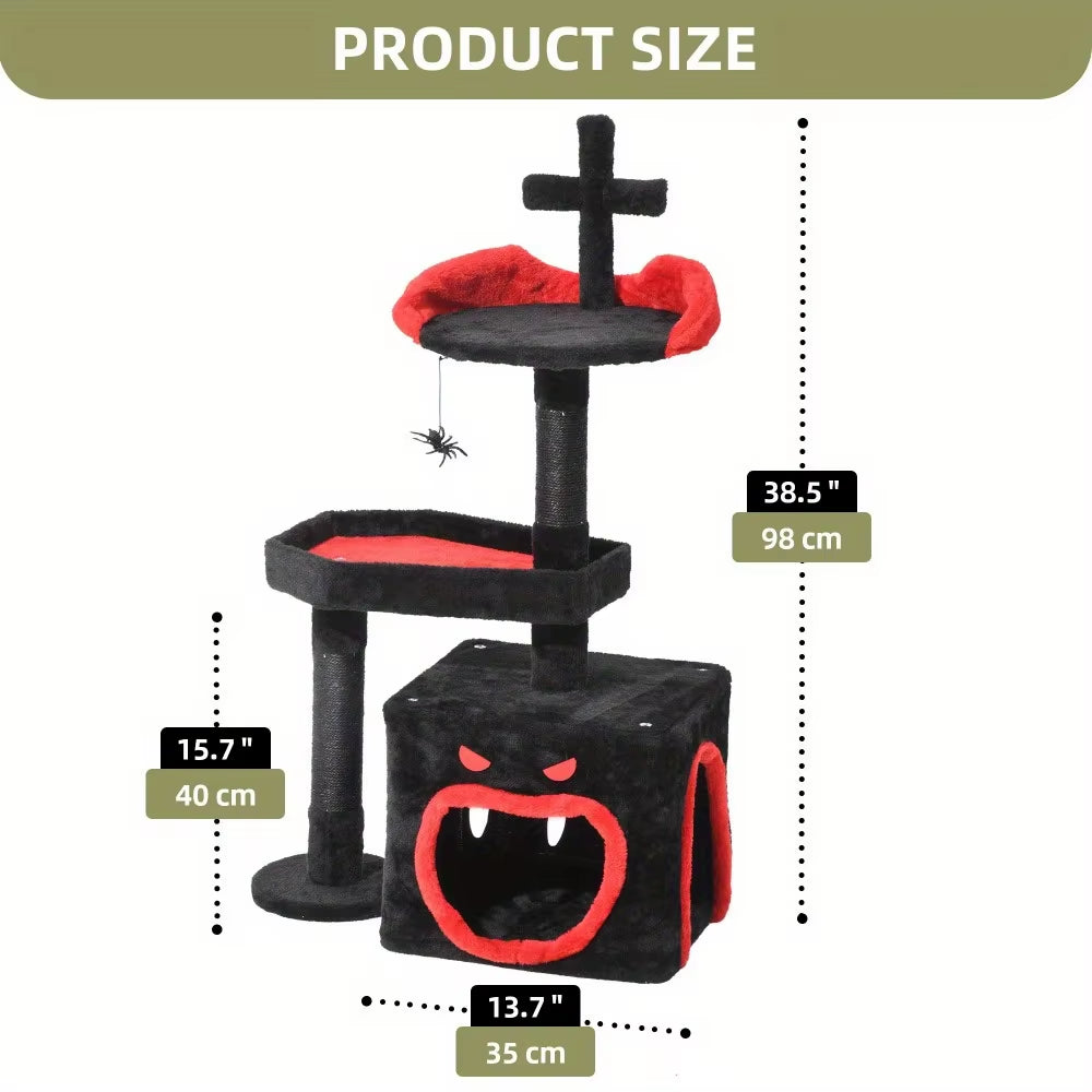 38.5" Gothic Cat Tree with Coffin Bed, Tall Halloween Cat Tower for Indoor Cats with Sisal Scratching Posts, Black