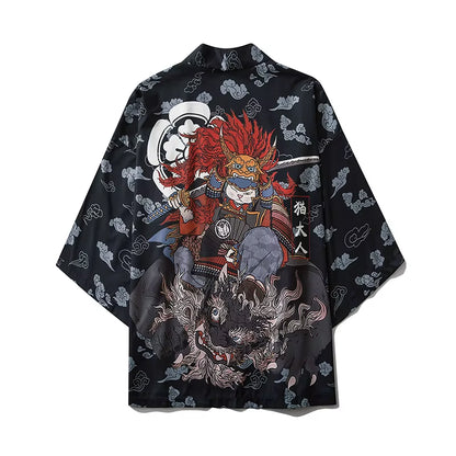 Traditional Japanese Samurai Cat Kimonos Cardigan Robe Men 2021 Summer Women Yukata Haori Casual Cosplay Anime Clothing