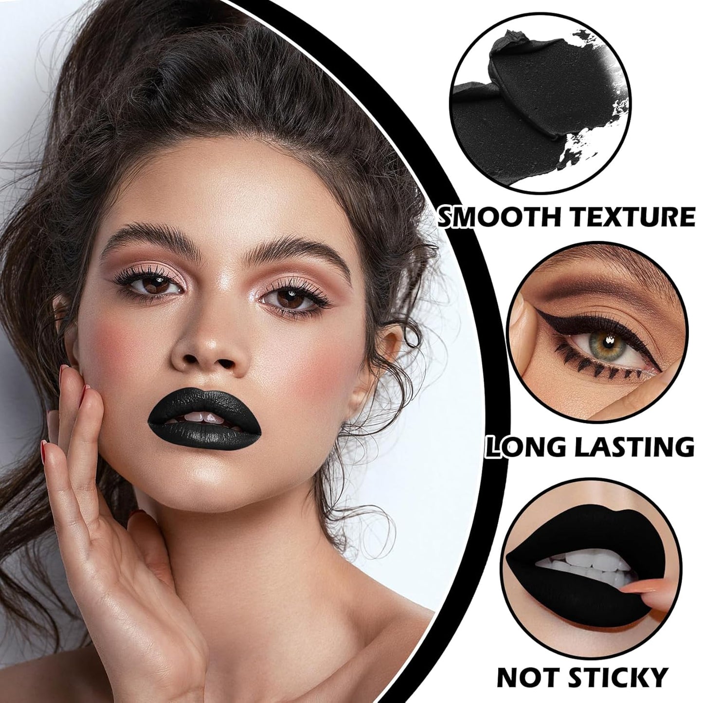 Lip Color Set with Matte Black Lipstick, Lip Liner, Lip Gloss, and Lip Stain for Goth, Cosplay, Halloween Makeup