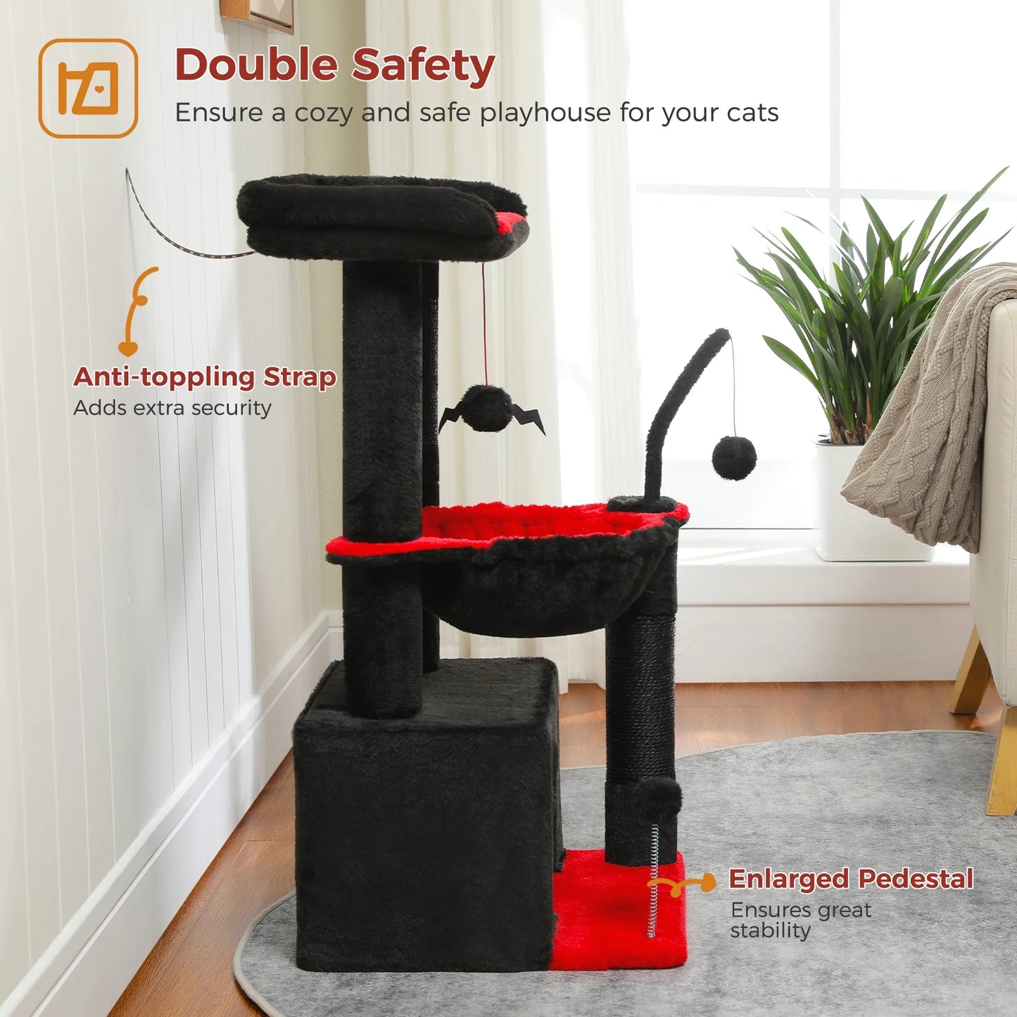 Cat Tree 33" Gothic Cat Scratching Posts Tower with Large Top Perch and Hammock for Medium Indoor Cats, Black