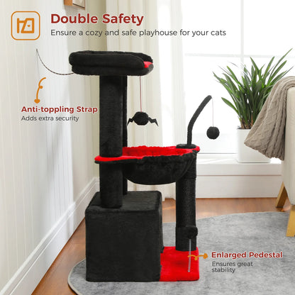 Cat Tree 33" Gothic Cat Scratching Posts Tower with Large Top Perch and Hammock for Medium Indoor Cats, Black