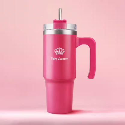 Juicy Travel Style 31.5 Oz. Hot Pink Stainless Steel with Slide Lid & Straw Travel Mug