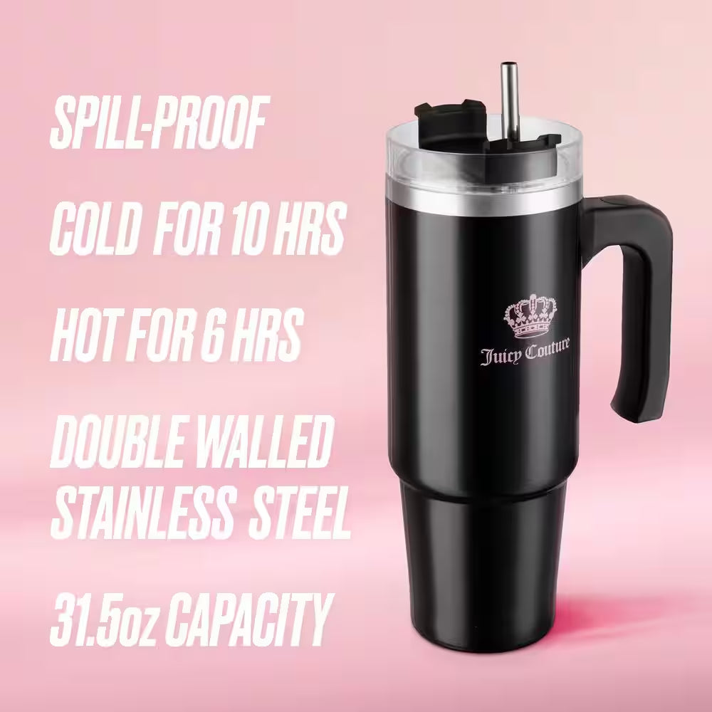 Juicy Travel Style 31.5 Oz. Jet Black Stainless Steel with Slide Lid and Straw Travel Mug