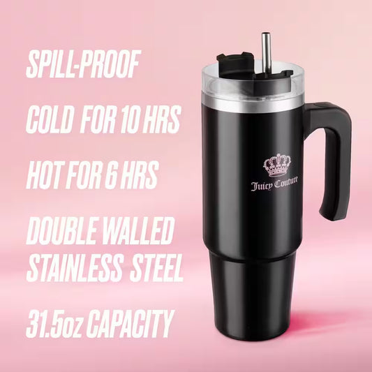 Juicy Travel Style 31.5 Oz. Jet Black Stainless Steel with Slide Lid and Straw Travel Mug