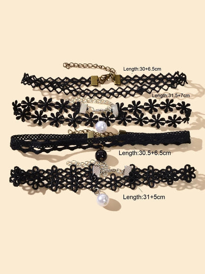Black Elastic 4pcs Lace Flower Boho Gothic 90s Tattoo Choker Triangle Collar