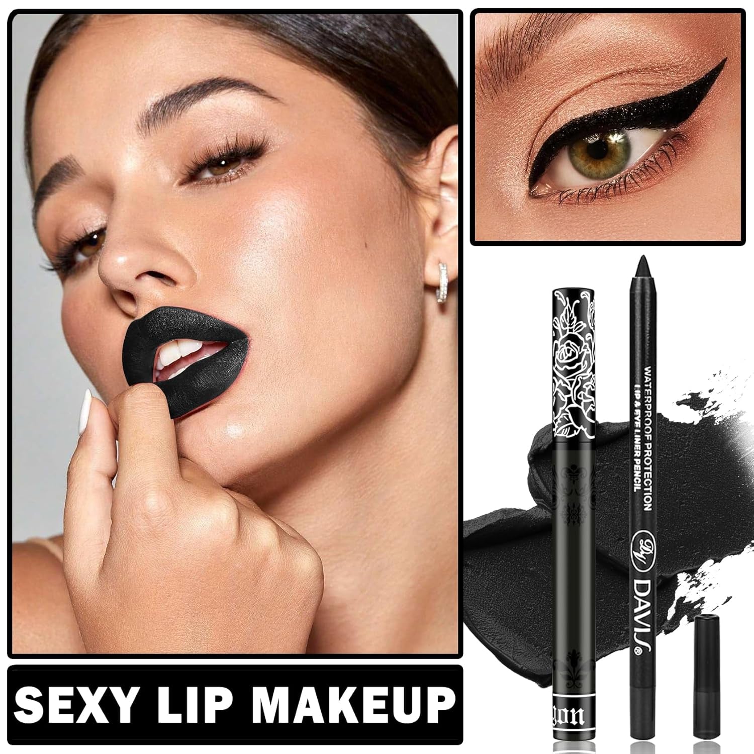 Lip Color Set with Matte Black Lipstick, Lip Liner, Lip Gloss, and Lip Stain for Goth, Cosplay, Halloween Makeup