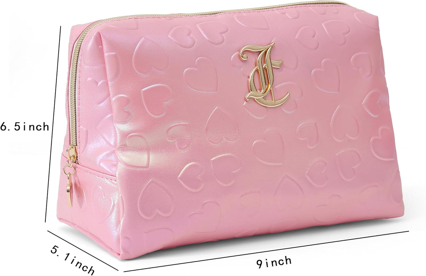 Pink Makeup Bag Cosmetics Organizer Travel Essentials Zip Top Wedge Faux Leather Heart