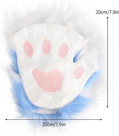JUNBOON Faux Fur Cat Ears and Wolf Fox Tail Set Adult Kids Claw Glove Kit for Halloween Anime Cosplay Party