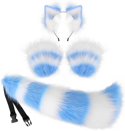 JUNBOON Faux Fur Cat Ears and Wolf Fox Tail Set Adult Kids Claw Glove Kit for Halloween Anime Cosplay Party
