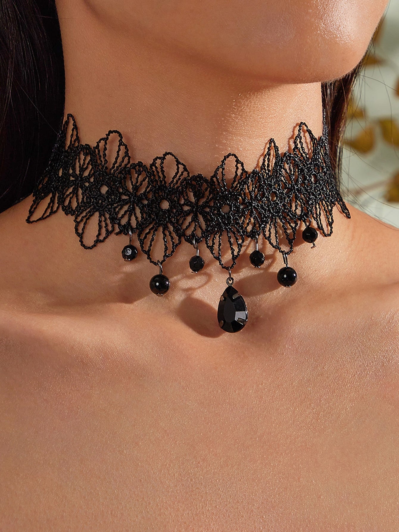 Black Lace Flower Water Drop Gothic 90s Tattoo Choker Necklace Halloween Jewelry
