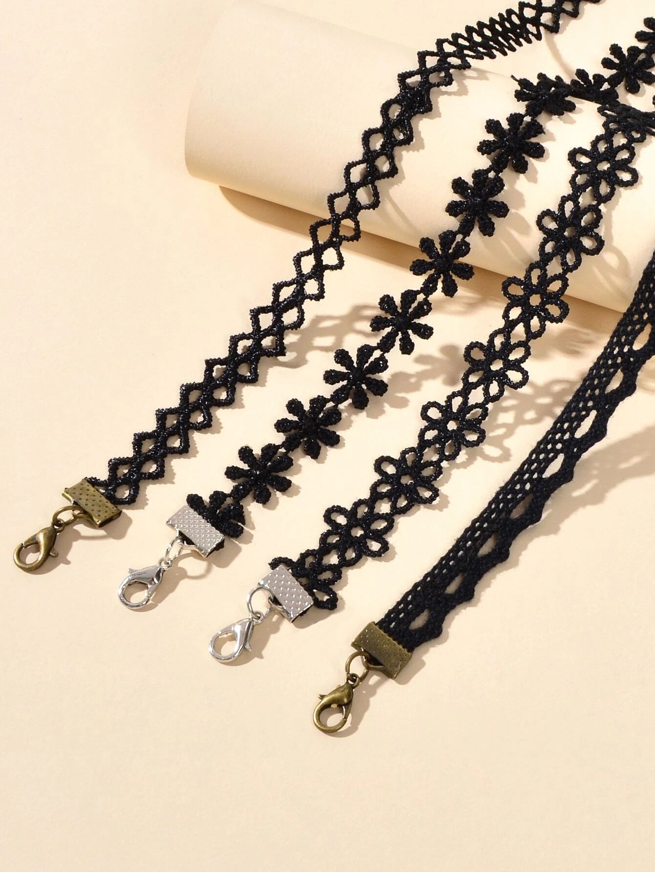 Black Elastic 4pcs Lace Flower Boho Gothic 90s Tattoo Choker Triangle Collar