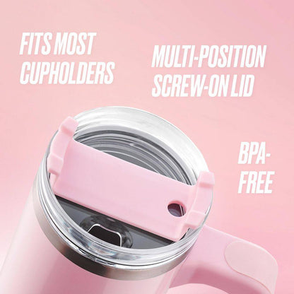 Juicy Travel Style 31.5 Oz. Pink Marshmallow Stainless Steel with Slide Lid and Straw Travel Mug