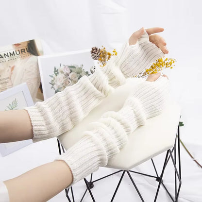 White Lolita Style Long Fingerless Gloves Women Winter Arm Warmer Knitted Arm Sleeve Casual Soft Girls Punk Gothic Mittens