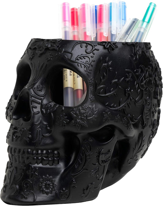 Skull Makeup Brush Holder, Pen Holder, Vanity, Desk, Office Organizer, Stationary, Decor Planter , Candy Bowl , Goth Decorations , Extra Large, Skulls Gothic Skull & Bones Organizer Bathroom (Black)