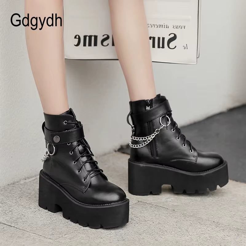 New Sexy Chain Women Leather Autumn Boots Block Heel Gothic Black Punk Style Platform Shoes Female Footwear High Quality