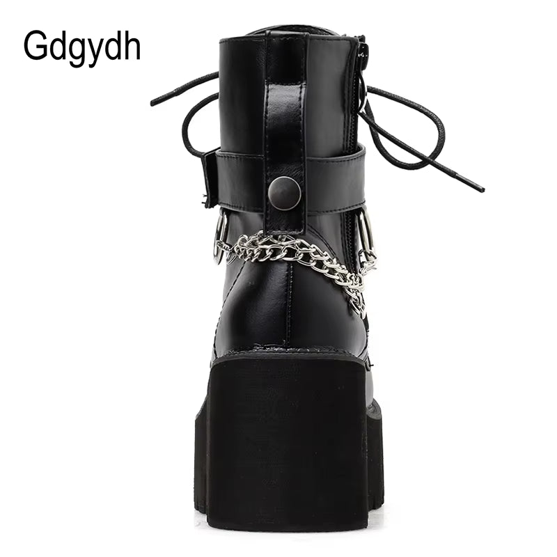 New Sexy Chain Women Leather Autumn Boots Block Heel Gothic Black Punk Style Platform Shoes Female Footwear High Quality