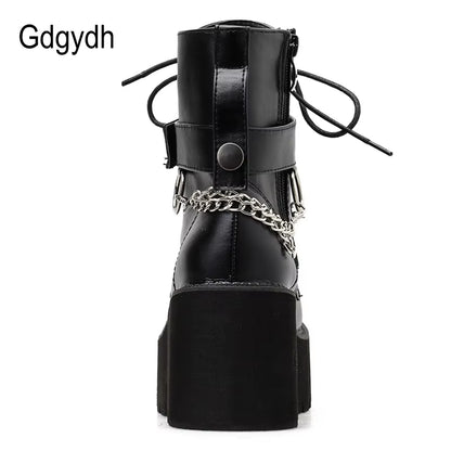 New Sexy Chain Women Leather Autumn Boots Block Heel Gothic Black Punk Style Platform Shoes Female Footwear High Quality
