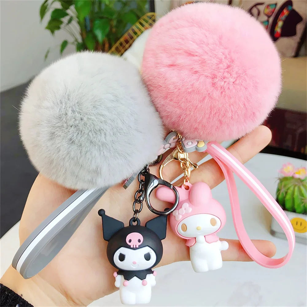 Cute Sanrio Kuromi Keychains with Fur Ball