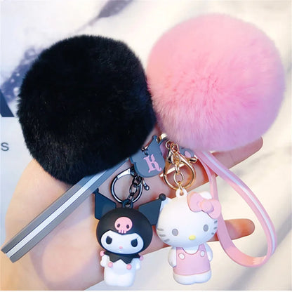 Cute Sanrio Kuromi Keychains with Fur Ball