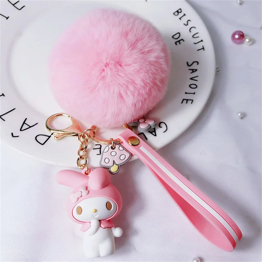 Cute Sanrio Kuromi Keychains with Fur Ball