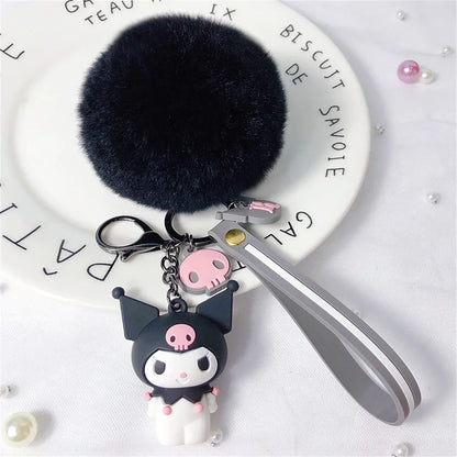 Cute Sanrio Kuromi Keychains with Fur Ball