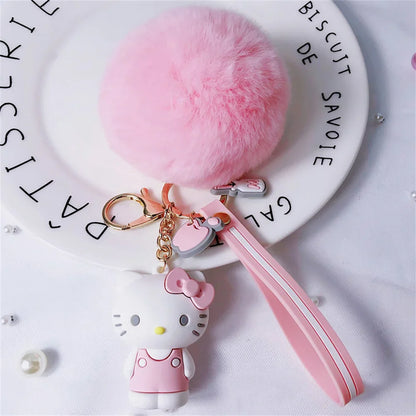 Cute Sanrio Kuromi Keychains with Fur Ball