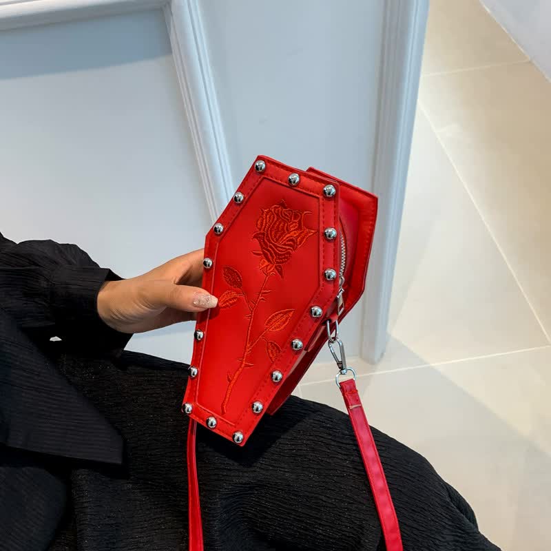 NNEDSZ Red Gothic Red Coffin-Shaped Crossbody Bag with Embroidered Rose - Unique Fashion Statement