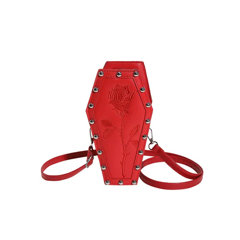 NNEDSZ White Gothic Red Coffin-Shaped Crossbody Bag with Embroidered Rose - Unique Fashion Statement