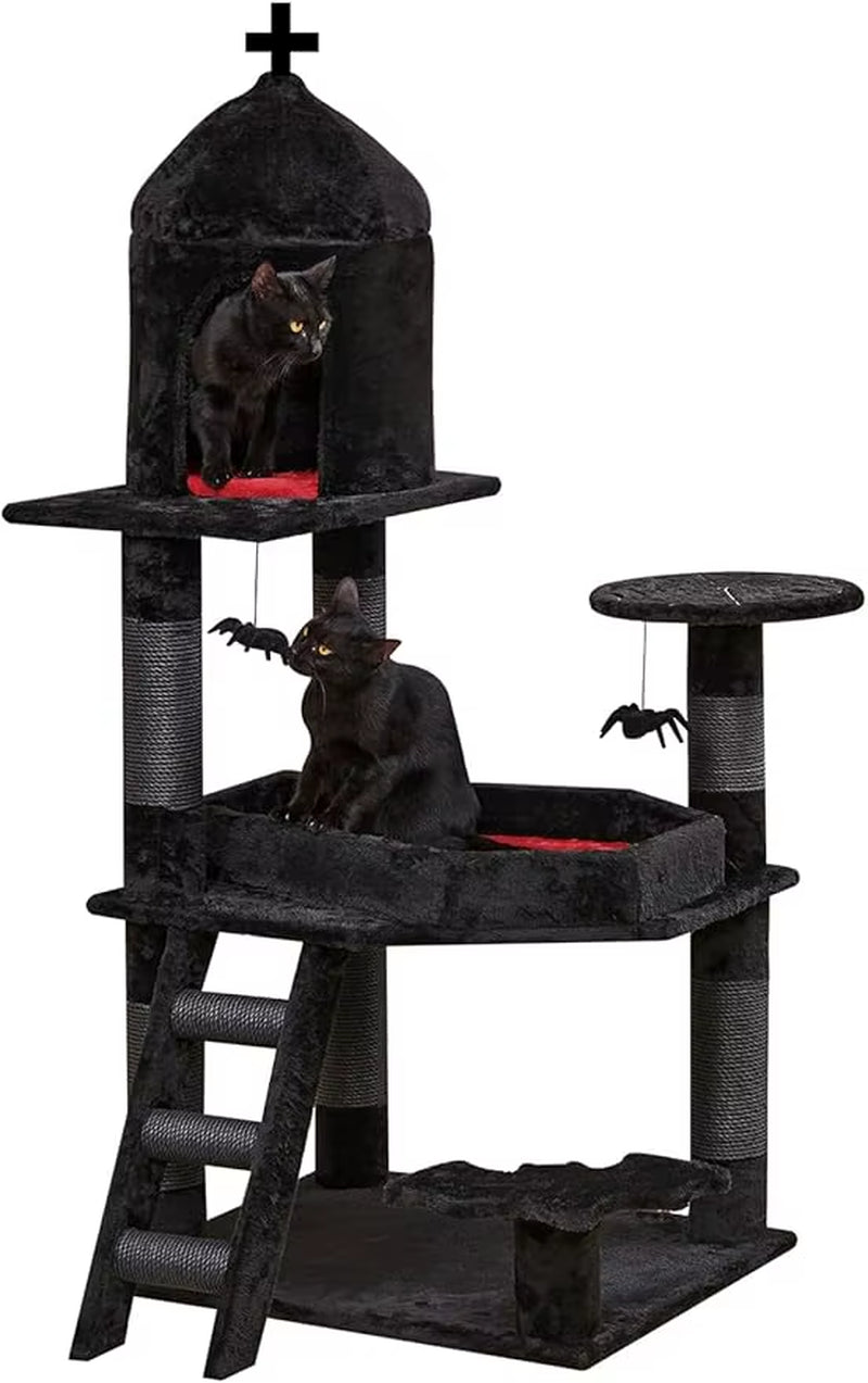 Gothic Cat Tree with Coffin Bed，55" Cat Tower with Spacious Cat Condo，Scratching Posts，Spider Hanging Ball，Multi-Level Cat Activ