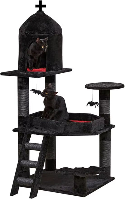 Gothic Cat Tree with Coffin Bed，55" Cat Tower with Spacious Cat Condo，Scratching Posts，Spider Hanging Ball，Multi-Level Cat Activ