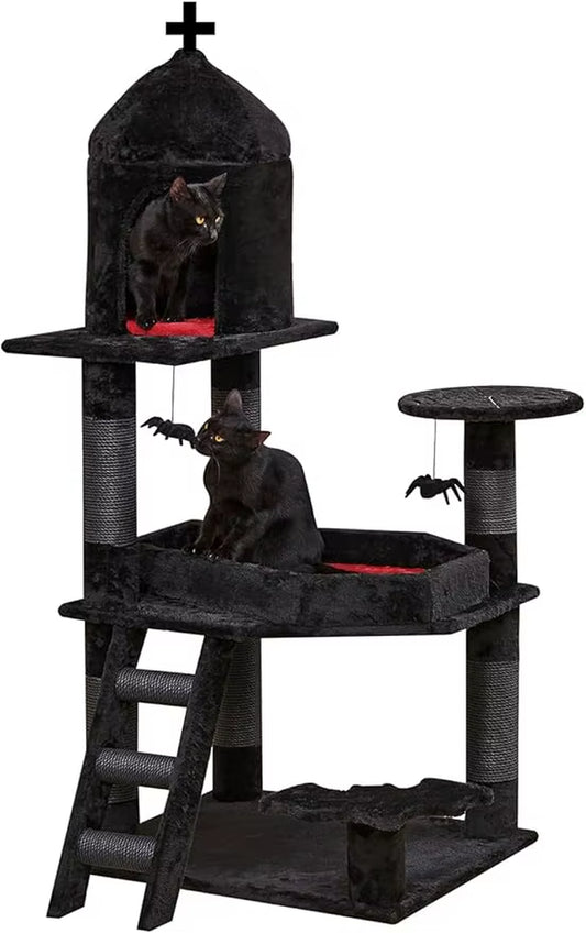 Gothic Cat Tree with Coffin Bed，55" Cat Tower with Spacious Cat Condo，Scratching Posts，Spider Hanging Ball，Multi-Level Cat Activ