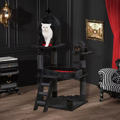 Gothic Cat Tree with Coffin Bed，55" Cat Tower with Spacious Cat Condo，Scratching Posts，Spider Hanging Ball，Multi-Level Cat Activ
