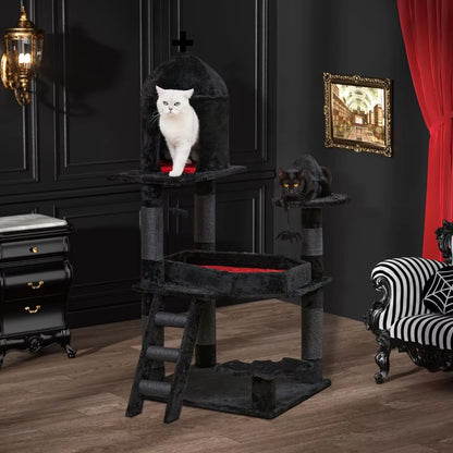 Gothic Cat Tree with Coffin Bed，55" Cat Tower with Spacious Cat Condo，Scratching Posts，Spider Hanging Ball，Multi-Level Cat Activ