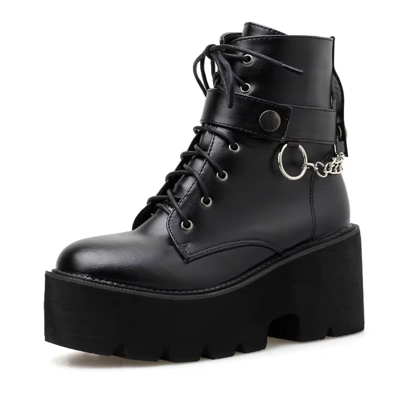 New Sexy Chain Women Leather Autumn Boots Block Heel Gothic Black Punk Style Platform Shoes Female Footwear High Quality
