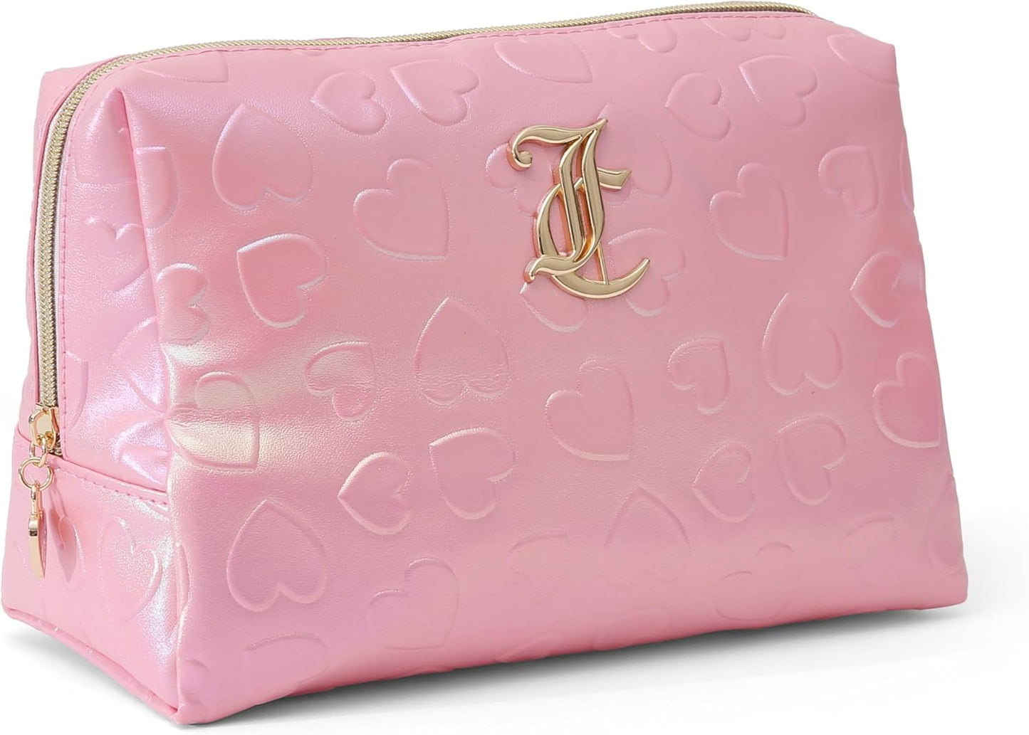 Pink Makeup Bag Cosmetics Organizer Travel Essentials Zip Top Wedge Faux Leather Heart