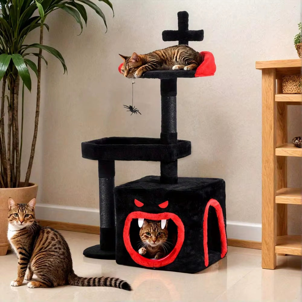 38.5" Gothic Cat Tree with Coffin Bed, Tall Halloween Cat Tower for Indoor Cats with Sisal Scratching Posts, Black