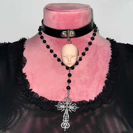 Gothic Jewelry Leather Devil Doll Head Pendant Necklace Women Accessories Punk Charm Halloween Choker Korean Fashion Necklace