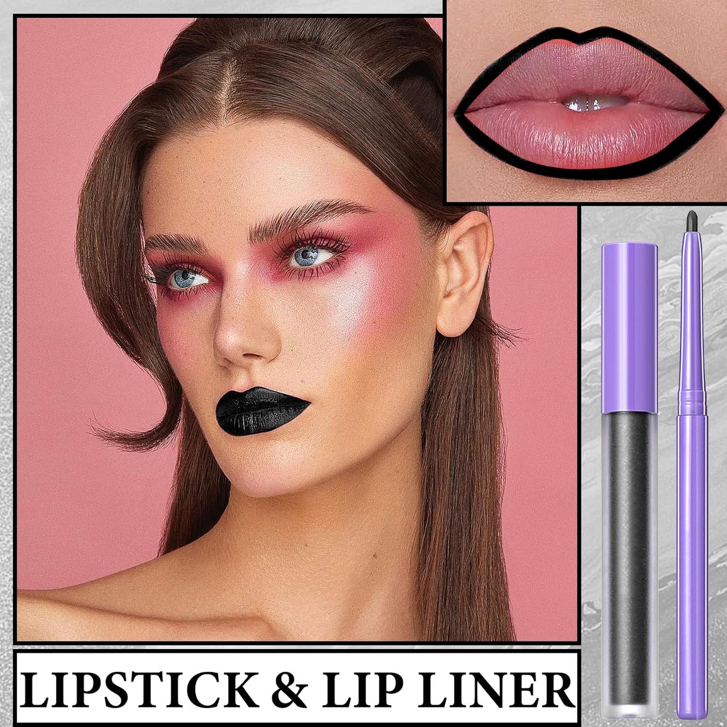 2 PCS Black Matte Lip Liner and Liquid Lipstick Makeup Set,Waterproof Matte Lip Gloss Lipstick Set,High Pigmented & Non-Sticky Velvet Lipgloss Halloween Gothic Cosplay Makeup Set