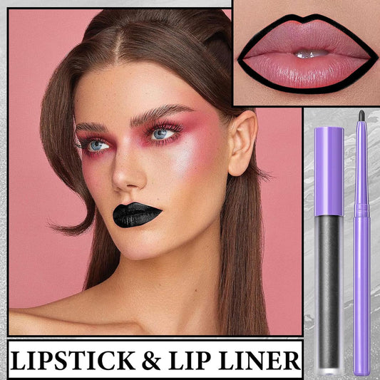 2 PCS Black Matte Lip Liner and Liquid Lipstick Makeup Set,Waterproof Matte Lip Gloss Lipstick Set,High Pigmented & Non-Sticky Velvet Lipgloss Halloween Gothic Cosplay Makeup Set
