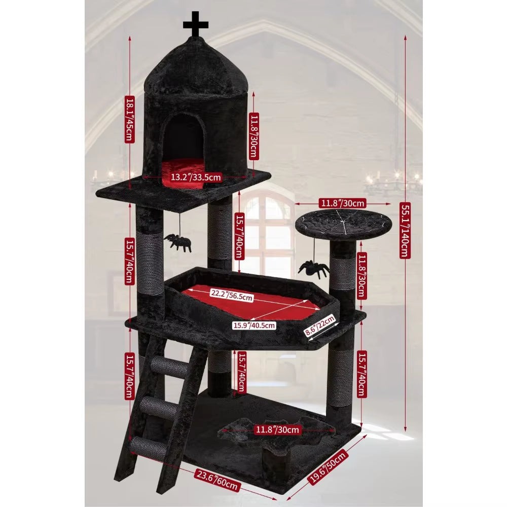 Gothic Cat Tree with Coffin Bed，55" Cat Tower with Spacious Cat Condo，Scratching Posts，Spider Hanging Ball，Multi-Level Cat Activ