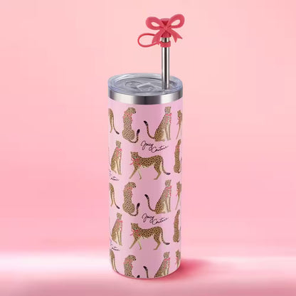 Glam Sip 24 Oz. Pink Cheetahs Stainless Steel Tumbler with Straw Topper