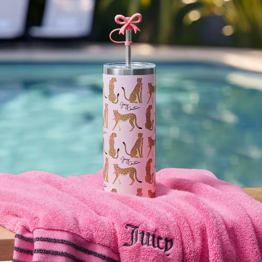 Glam Sip 24 Oz. Pink Cheetahs Stainless Steel Tumbler with Straw Topper