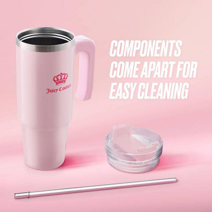 Juicy Travel Style 31.5 Oz. Pink Marshmallow Stainless Steel with Slide Lid and Straw Travel Mug